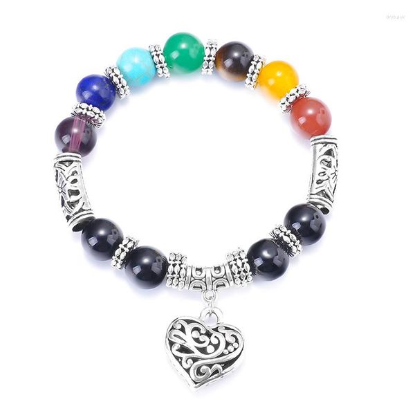 Strand Nature Beads 7 Chakra Yoga Coração Pingente Pulseira Cura Equilíbrio Lava Sobrenatural Pedras Reiki Jóias Femininas