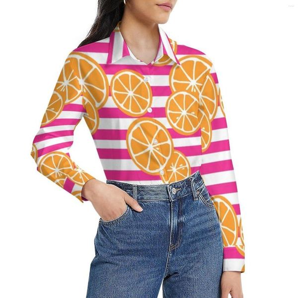 Blusas Femininas Laranjas Fatias Blusa Solta Listras Rosa e Branco Casual Oversize Feminino Camisas Kawaii de Manga Longa Roupas Gráficas