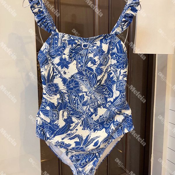 Roupa de banho feminina com estampa de libélula maiô de peça única moda biquíni azul verão maiô fino para mulheres