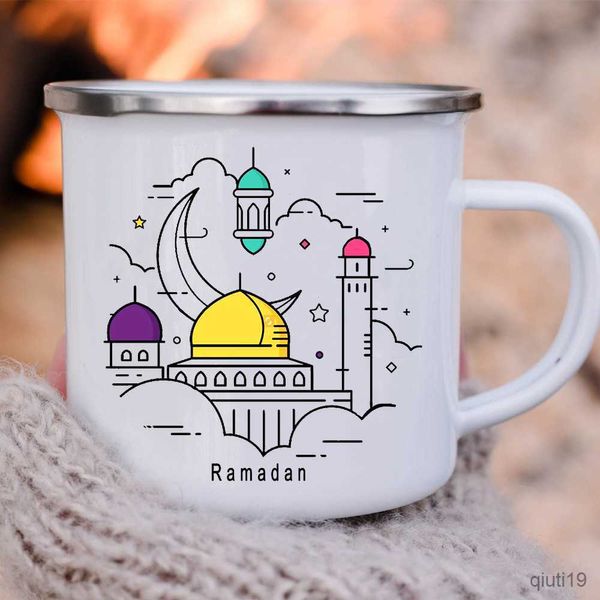 Canecas Lua Estrelas Impressão Caneca de Café Criativa Eid Mubarak Ramadan Festa Bebida Vinho Copos de Suco Islâmicos Muçulmanos Lidar com Canecas de Esmalte Eid Presentes R230713