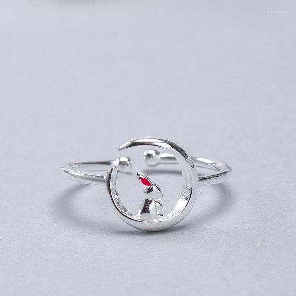 Cluster-Ringe aus echtem 925er-Sterlingsilber, offener Ring, niedlicher Mond, verstellbares weibliches Tier-Design, hochglanzpoliertes Armband