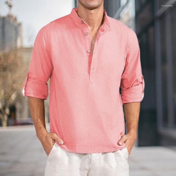 Camisas casuais masculinas gola alta elegante pulôver macio respirável camisa de manga comprida com detalhe de abotoadura de comprimento médio