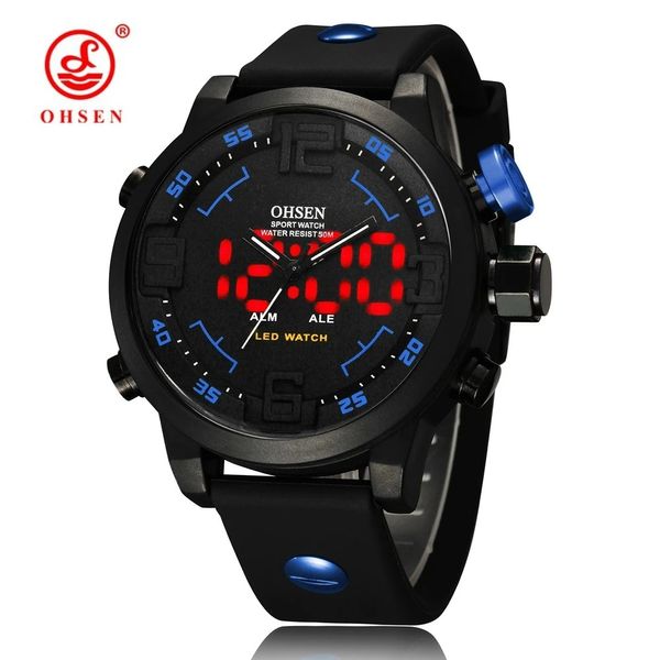 OHSEN Preto Homens Relógios Militares Esportes Quartzo 5 Barras À Prova D' Água LED Dual Time Relógio Digital Relógios de Pulso Relógio Masculino