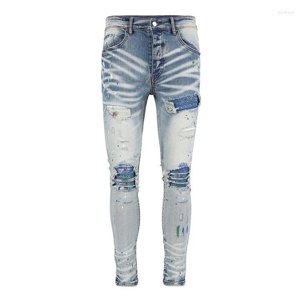 Jeans Masculino High Street Moda Tinta a Óleo Azul Plissado Patch Calças Rasgadas Design Magro Pés Pequenos Patchwork Calças Denim