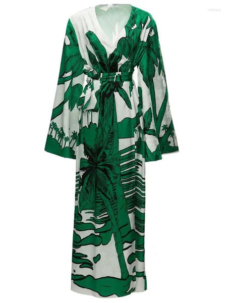 Abiti casual Estate di alta qualità Designer Fashion Scollo a V Stampato Loose Chic Beach Holiday Runway Bohemian Green Super Maxi Dress