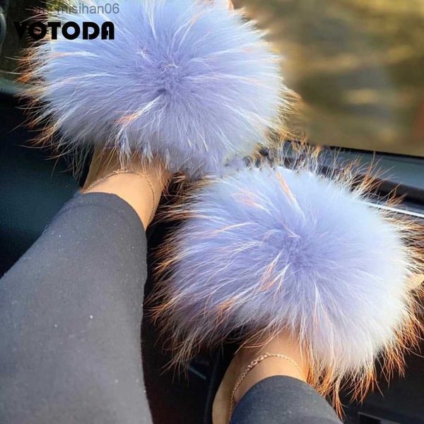 Slippers New Fur Slider Женский пушистый ползунок Fox Fur Slider Fury Eckcoon Fur Leals Комфортный крытый сандалии летние женские меховые туфли Z230713