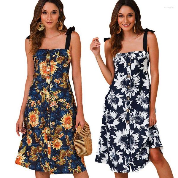 Abiti casual da donna Summer Beach Sunflower Dress Holiday BOHO Strappy Button Sundress 10CE