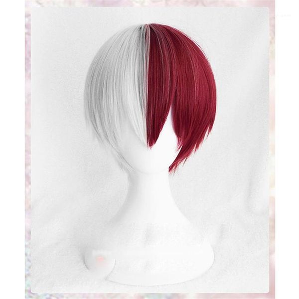 Alta qualidade My Hero Academia Boku no Hiro Akademia So Todoroki Shouto perucas prata branco e vermelho cosplay peruca Cap1284s