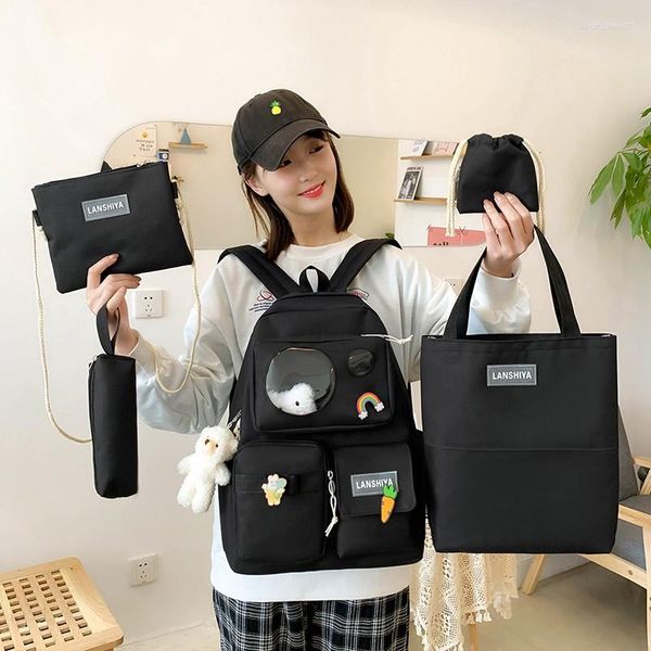 Schultaschen 5-in-1-teiliges Set Tasche für Mädchen im koreanischen Stil Studenten Rucksack mit hoher Kapazität Mochilas
