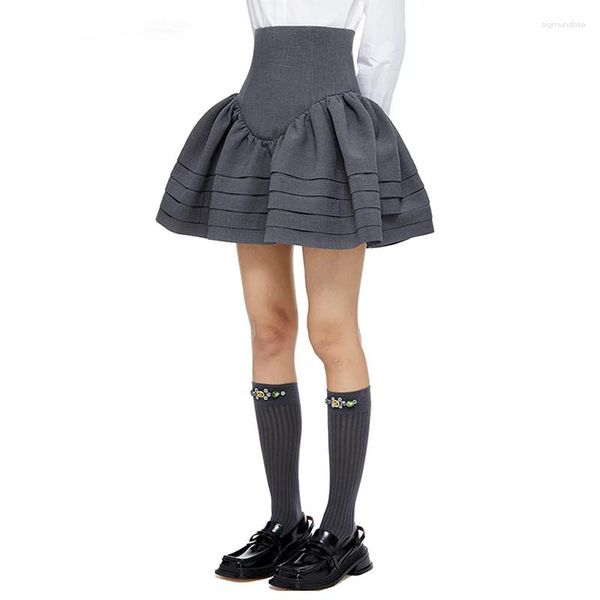 Röcke Damen, lockeres Ballkleid, hohe Taille, minimalistisch, reine Farbe, A-Linie, plissiert, Minirock, niedliche Blasenprinzessin, 2023 Herbst