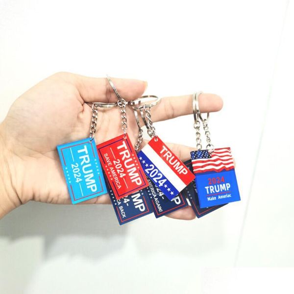 Schlüsselanhänger Lanyards 2024 Trump Schlüsselanhänger US Party Gunst Präsident Wahl Flagge Anhänger Edelstahl Tags Ill Be Back Keyring Mi Dhg2L