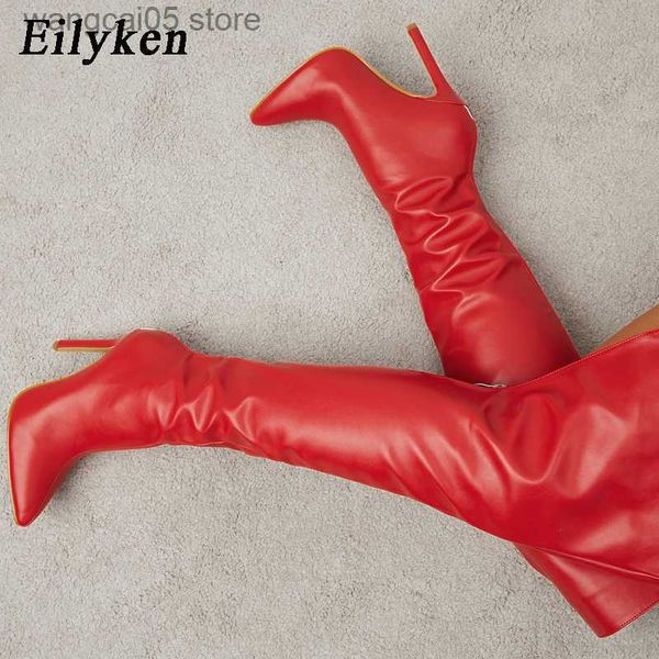 Botas Eilyken Red Feminino Over-the-Knee Long Boots Bico Salto Alto Sapatos Femininos Moda Inverno Legal Calçado Festa de Casamento T230713