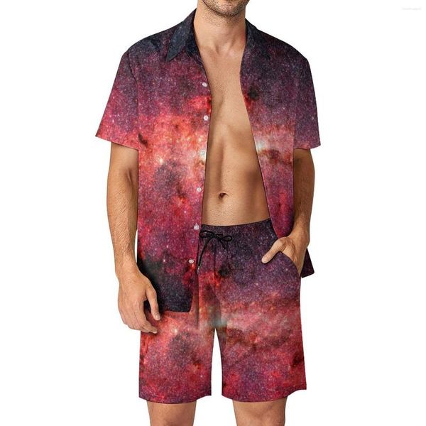 Agasalhos masculinos coloridos Galaxy Sky Beach Conjuntos masculinos com estampa da Via Láctea Conjunto de camisas casuais de verão Shorts personalizados de verão 2 peças Streetwear Terno Plus Size