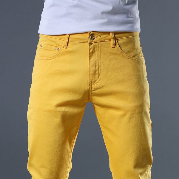 Mannen Jeans Fancy Neon Kleur Y2K Denim Streetwear Slanke Rechte Broek Gaten Gescheurde Broek Geel Geborduurd 230712