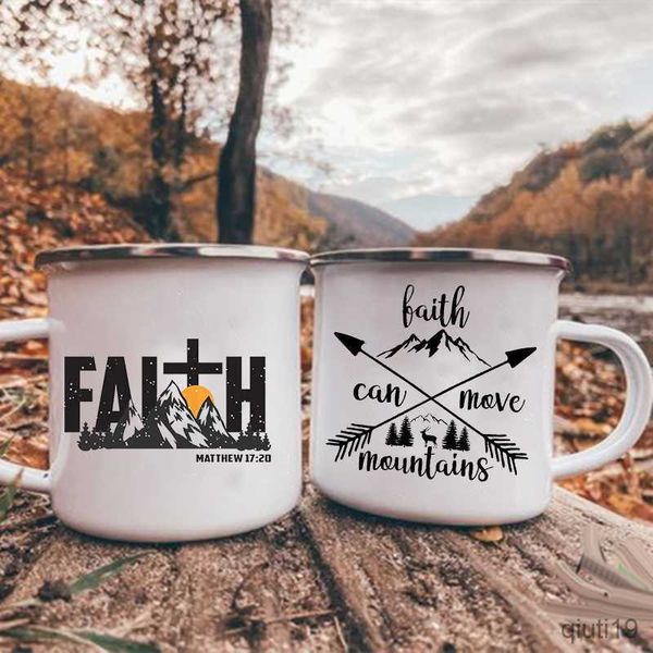 Tassen „Faith Can Move Mountains“-Aufdruck, Kaffeetassen, Camping-Emaille-Becher, Abenteuer, Lagerfeuer, Party, Bierbecher, Tassen mit Berggriff, Geschenk, Camper, R230713