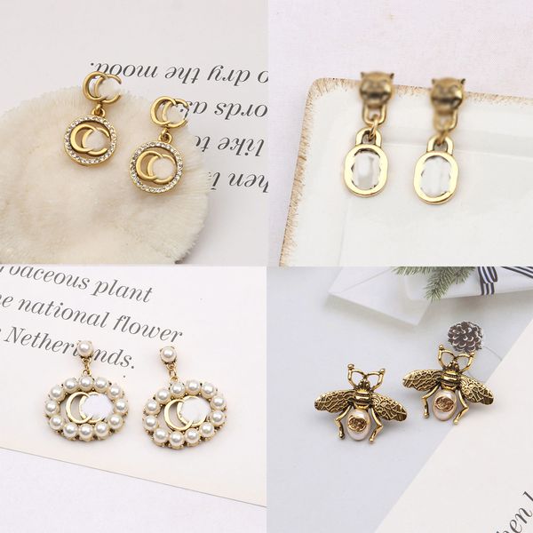 Luxury Letters Earring Ear Stud 18K Gold Plated 925 Silver inlay Diamond Bee Geometric Famous Women Brand Designers Crystal Pearl Earrings Party Jewerlry Eardrop