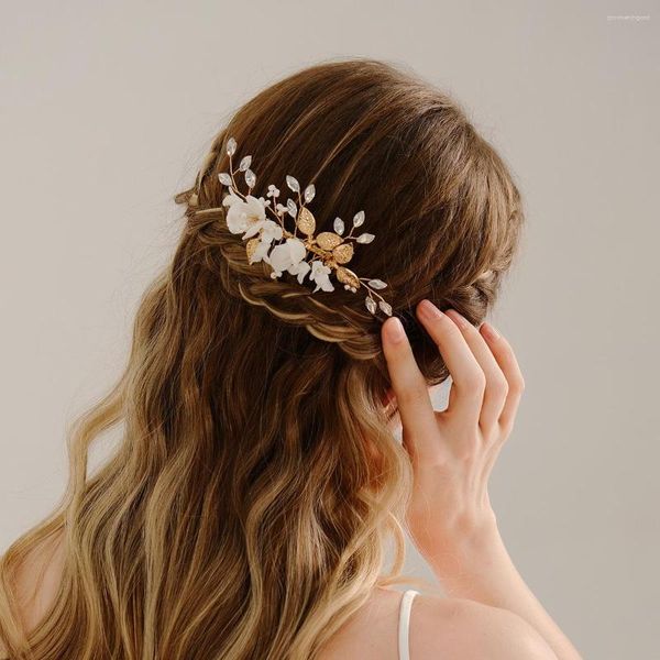 Copricapo Colore oro Accessori per capelli da sposa da sposa Pettine di fiori in ceramica Strass Copricapo da sposa Gioielli Regalo da damigella d'onore