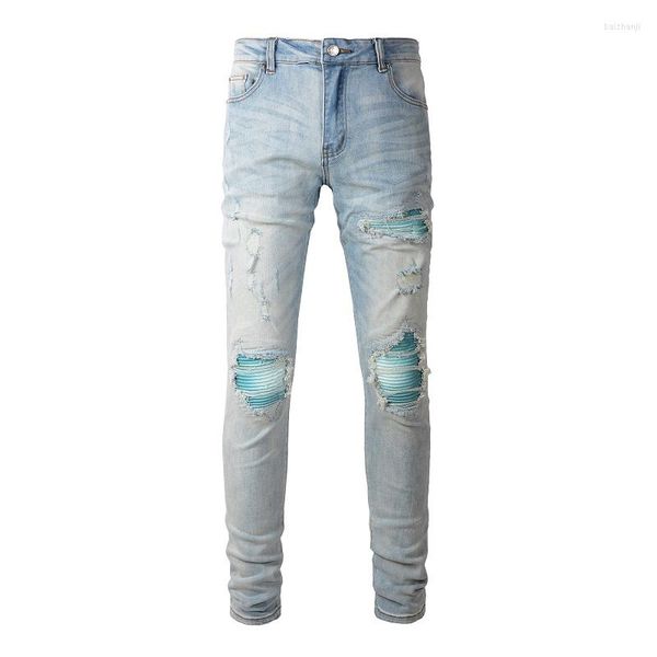 Мужские джинсы Street Fashion Style Skinny разорванные высококачественные растягиваемые поврежденные отверстия галстук
