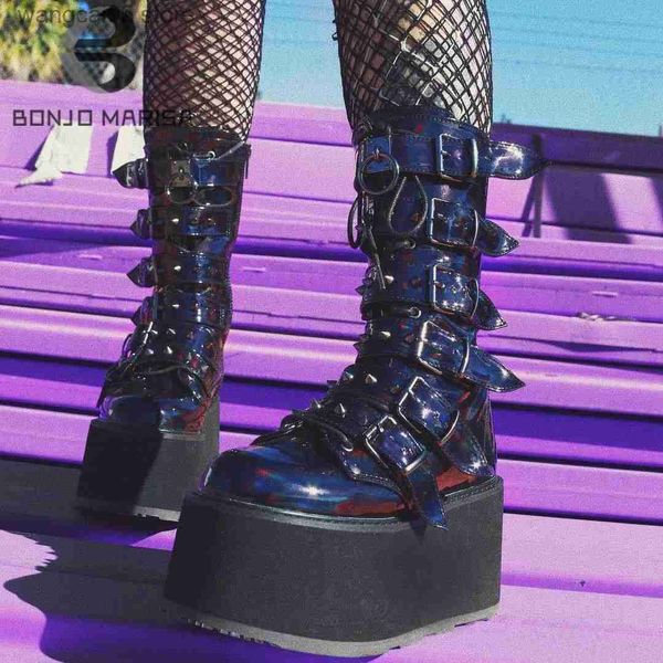 Botas BONJOMARISA Marca Goth Love Coração Fivela Punk Wedges Plataformas Femininas Botas Zíper Preto Cosplay Cool Street Outono Senhoras Sapatos T230713