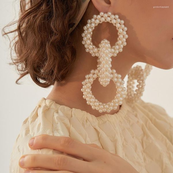 Orecchini pendenti con perle artificiali barocche esagerate Cerchio lungo Personalità della moda femminile Street Snap Trend Geometrico