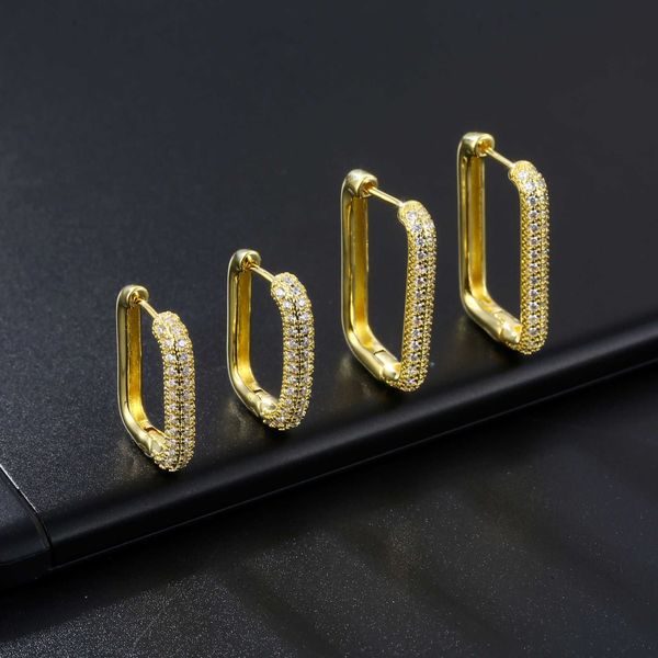 Huggie Hoop Clip On Orecchini dal design semplice Gioielli di moda Quadrati Lussuosi orecchini Hip Hop 18k Oro reale Cz Pietra Cubic Zirconia Piercing Orecchini per le donne Ragazze