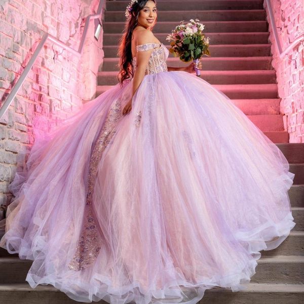 Espartilho rosa claro apliques de renda princesa com miçangas no ombro tull vestidos quinceanera para meninas vestido de baile doce 16 vestidos