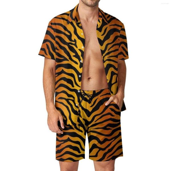 Fatos de treino masculinos com listras de tigre amarelo conjuntos de férias masculinos com estampa animal conjunto de camisa casual verão gráfico shorts terno estético de 2 peças plus size