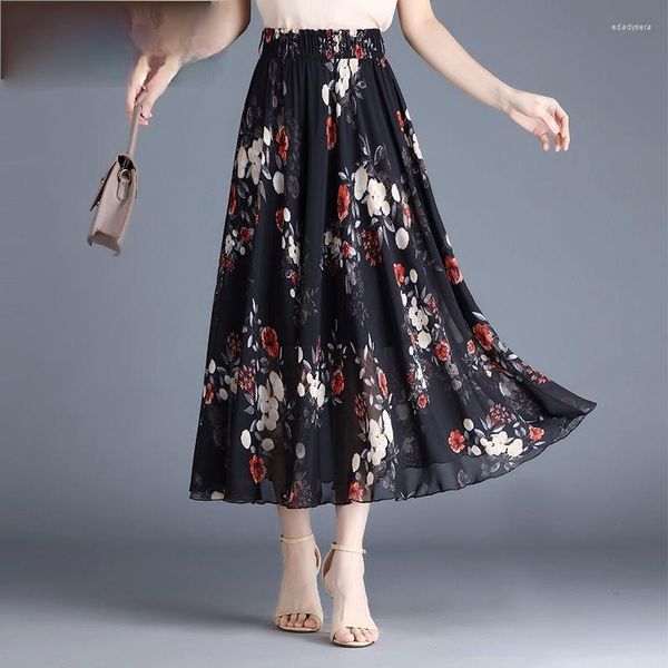 Юбки 2023 Женская винтажная цветочная печать шифон плиссированный туль элегантный элегантный растяжка с высокой талией.
