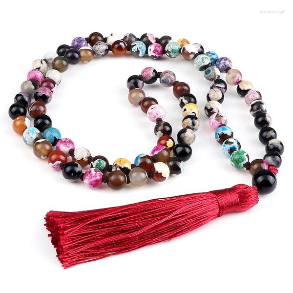 Anhänger Halsketten Mode 8mm Mehrfarbige Feuerachate Halskette Naturstein Handgemachte Mala Perlen Quaste Lange Für Frauen Männer Yoga Schmuck