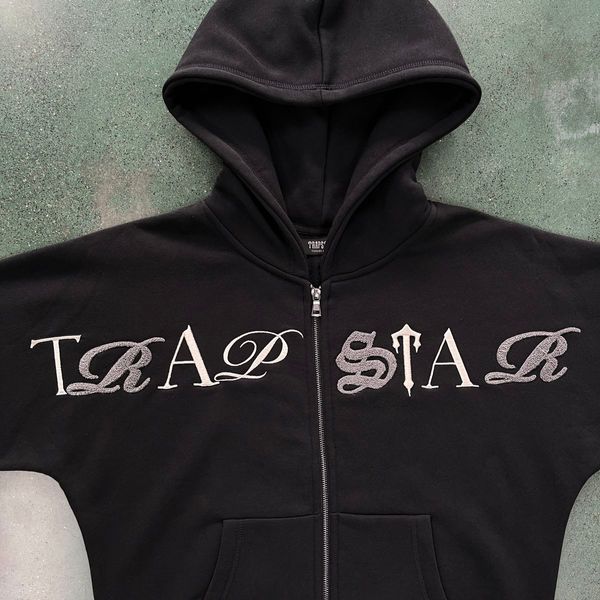 Agasalho Trapstar 1:1 moletom com capuz de alta qualidade SCRIPT ZIP THROUGH TRACKSUIT-PRETO LAVADO, roupa de corrida masculina, roupa casual, moda, streetwear frito