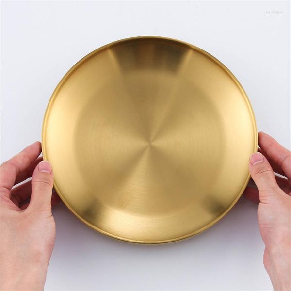 Пластин ужин набор и посуды с двойной изоляцией 304 тарелка из нержавеющей стали Корейский золотой диск плоский нижний поднос с фруктами