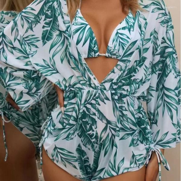 Kadın Mayo Kadın Yaprak Mayo Seksi Bikiniler Mafer Uzun Kollu Beach Playsuit Kapak 3 Parça Bikini Set Baskılı Plaj Giyim