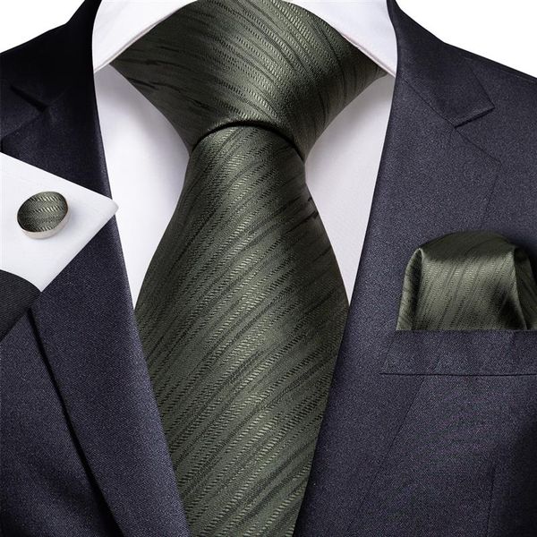 Conjunto de Gravata de Seda Verde Escuro Listrado Masculino Inteiro Clássico Jacquard Tecido Jacquard Gravata Bolso Quadrado Abotoaduras Casamento Negócios N-7222851