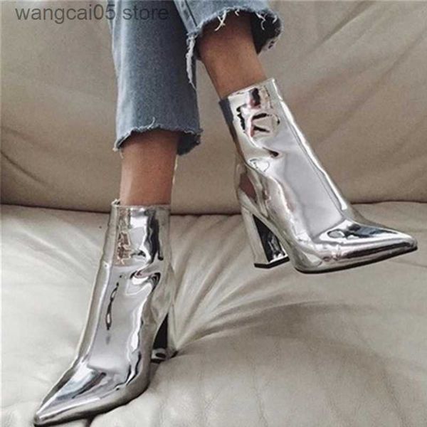 Boots 2023 Luxury Women 9cm High Heels Heels Boots Loced Boyl Locky Leather Block Booties Lady Silver Champagne Кожаные туфли T230713