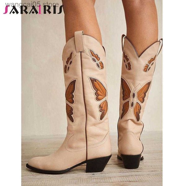 Stivali di marca Autunno Inverno 2022 Stivali a metà polpaccio occidentali Donna Tacchi spessi Farfalla Stivali da cowgirl da cowboy Vintage Scarpe firmate Donna T230713