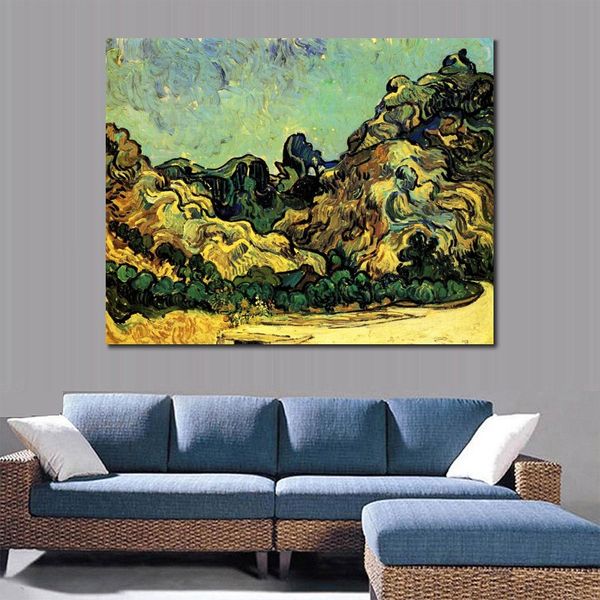 Montagne a Saint-remy con Dark Cottage Dipinto a mano Vincent Van Gogh Tela Arte Impressionista Paesaggio Pittura Home Decor