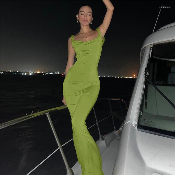 Abiti casual Zabrina Abiti lunghi con canotta Abito lungo drappeggiato verde per le donne Abiti da festa per club Abito senza maniche Elegante sexy senza schienale