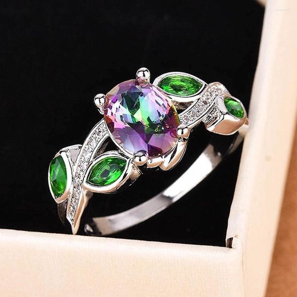 Cluster Rings Fashion Leaves Multicolor Crystal Zircon Diamonds Gemstones For Women White Gold Silver Color Jóias Acessórios Presentes