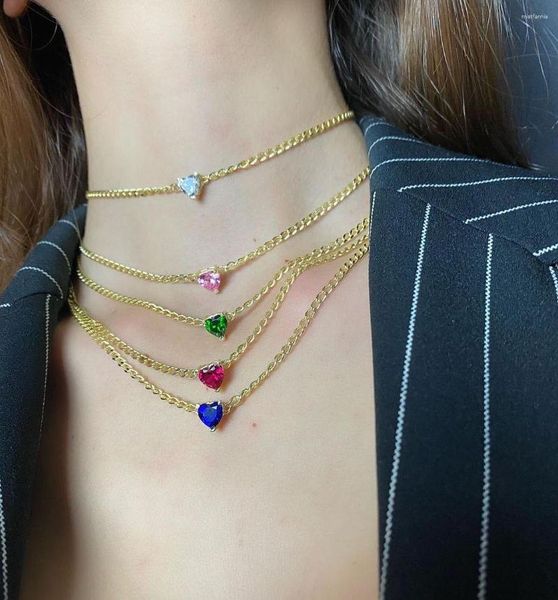 Halsband, Goldfarbe, trendiger Schmuck, 10 mm großes Herz, CZ-Halskette, rosa, weiß, blau, lila, bunte Steinkragenketten