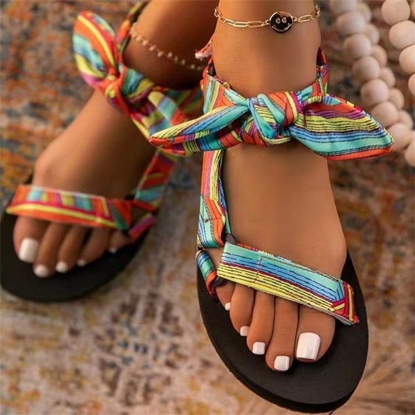 Sandalen Sommer Frauen Farbe Flache Beiläufige Spitze Up Bogen Schuhe für Damen Mode Outdoor Leopard Strand Mujer 230713