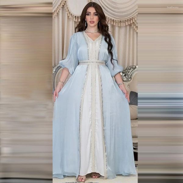 Roupas étnicas Kaftan Moroco Abaya Mulheres Dubai 2023 Muçulmano Vestido Turco Brilhante Seda Cetim Três Peças Caftan Marroquino Mulher