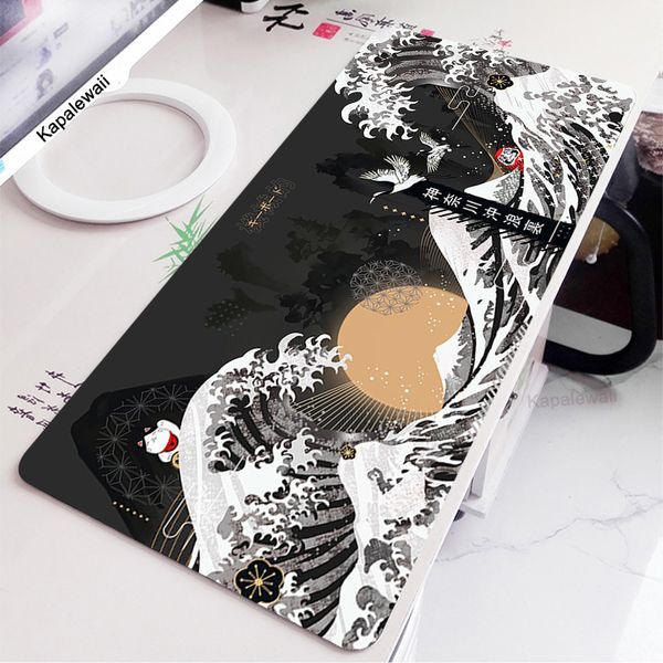 Mouse Pad Preto e Branco Wave Art XXL 900x400mm Grande Mousepad para Computador Cool Gaming Cartoon Pad para Mouse Teclado Mesa Tapete de Ratos