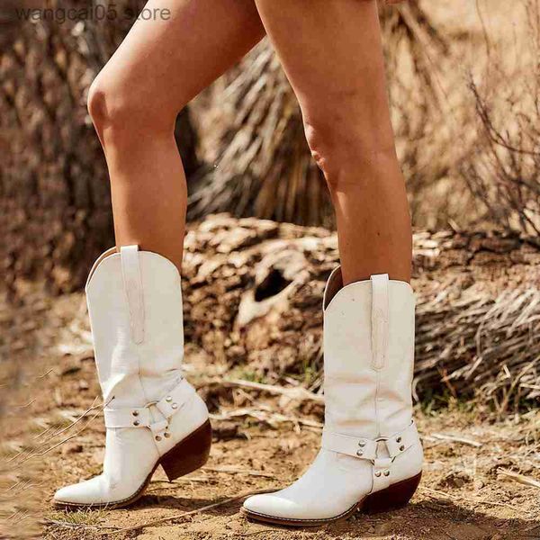 Boots Bonjomarisa Print White Cowboy Mid Mid Carf Boots Осень на металлическую цепочку римский стиль повседневные ботинки избытка T230713