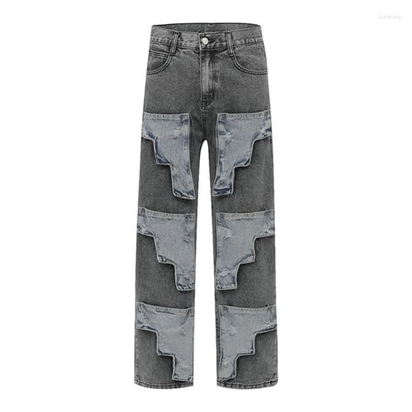 Jeans Masculino Y2k Guns Bordado Patchwork Calças Retas Denim Unissex Solto Streetwear Casual Calça Cargo Oversize