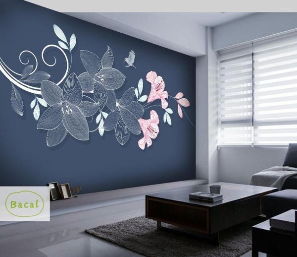 Duvar Kağıtları Bacal Özel 3D PO Duvar Kağıdı Duvar Kuru El Boyalı Mavi Arka Plan Çiçek Duvar Oturma Odası Ev Dekor Vintage Kağıt 5