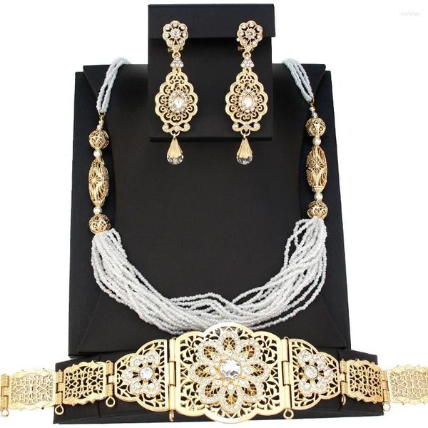Halskette Ohrringe Set Sunspicems Algerien Marokko Braut Hochzeit für Frauen 18K Gold Farbe Kaftan Gürtel Kette Perlen Blumenohrring