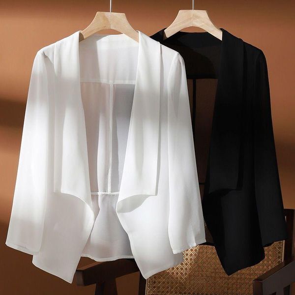 Ternos sexy sheer elegante irregular fino cardigan camisa feminina preto branco fino chiffon protetor solar outwear casual manga longa casaco simples