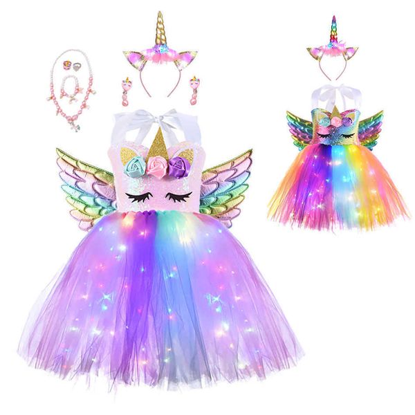 Vestidos para meninas Princesa Meninas Vestido TUTU brilhante Desenho infantil com LED Brilhante Vestidos Asas Tiara Traje de palco para festa de meninaHKD230712