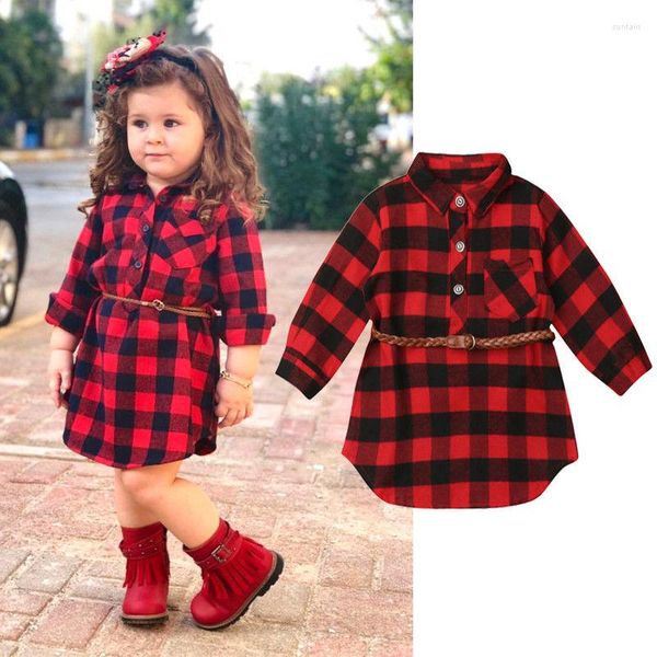 Abiti da ragazza Neonate Camicia a quadri rossa Abito con cintura Manica lunga 0-5T Toddler Bambini Bambini Primavera Autunno Abiti casual 2023