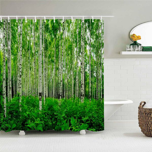 Dusche, hochwertiger Birkenwald-Stoff-Duschvorhang, wasserdicht, mit natürlicher Landschaft, bedruckt, Badewanne für Badezimmer, Dekor mit R230719